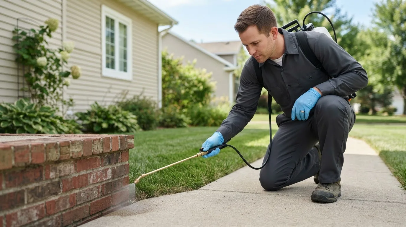 Pest control technician treating a home near Cushing, ME